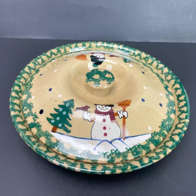 Vintage Covered Snowman Pie Dish Winter Hand Painted Spongeware Lidded Baking