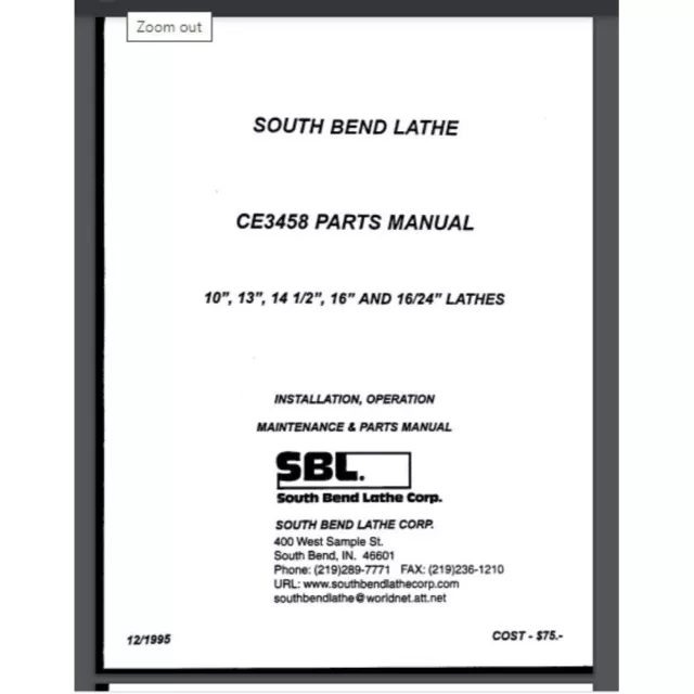 South Bend Lathe CE3458 Parts Manual 1995 84 pages Comb Bound Gloss Covers