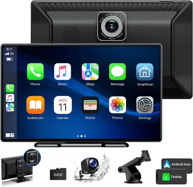 9"Tragbarer Autoradio 2.5K Dash Cam Apple CarPlay Android Auto +1080P Kamera 64G