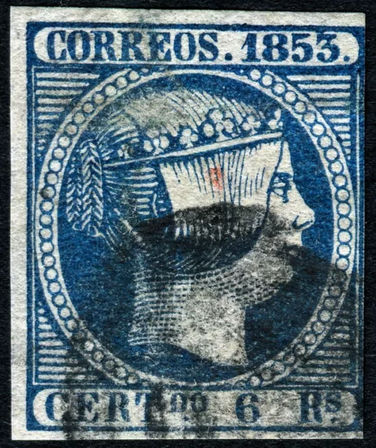 ESPAÑA 1853. Isabel II. 6 reales azul. Usado. Edifil 21.
