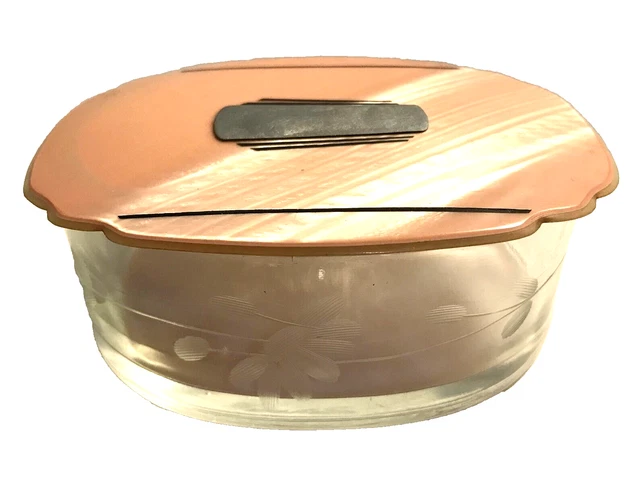 Art Deco Oval Etched Glass Trinket Dish with Celluloid Top Vintage Unbranded