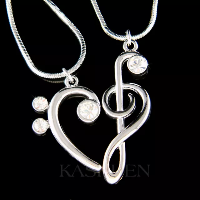 2 Treble Bass Clef MUSIC made with Swarovski Crystal Best Friends Heart Necklace