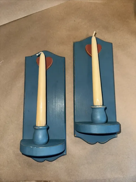 Vintage Primitive Painted Wooden Wall Hanging Sconce Candle Holders 12"x4.5"