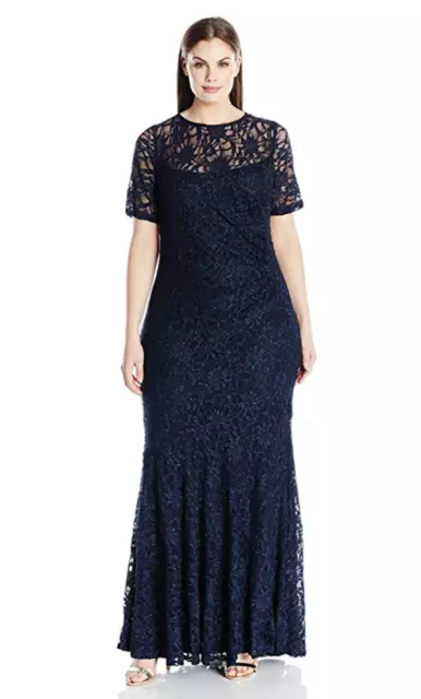 Decode 1.8 Short Sleeve Lace Stretch Maxi Dress Gown In Navy Size 14W $347