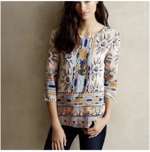 Anthropologie Maeve Sydney 100% Silk Tunic 3/4 Sleeve Boho Blouse Size 6 Medium