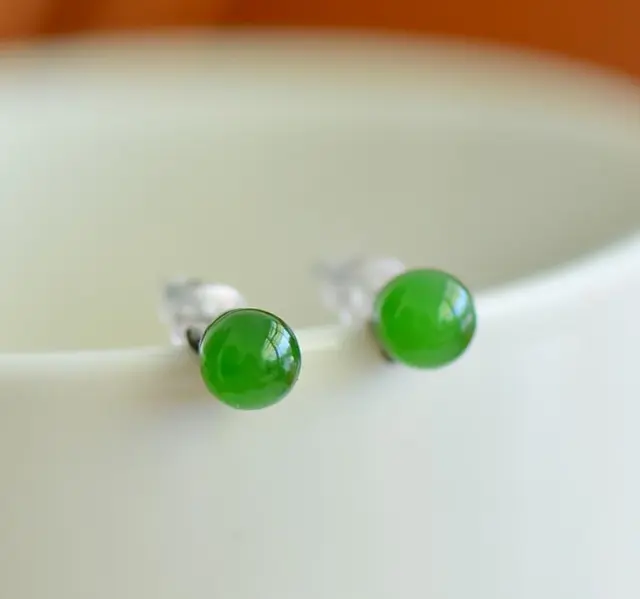 6 mm S925 Silver Emerald Bead Earrings Natural Green Jade Ear Studs Jewelry