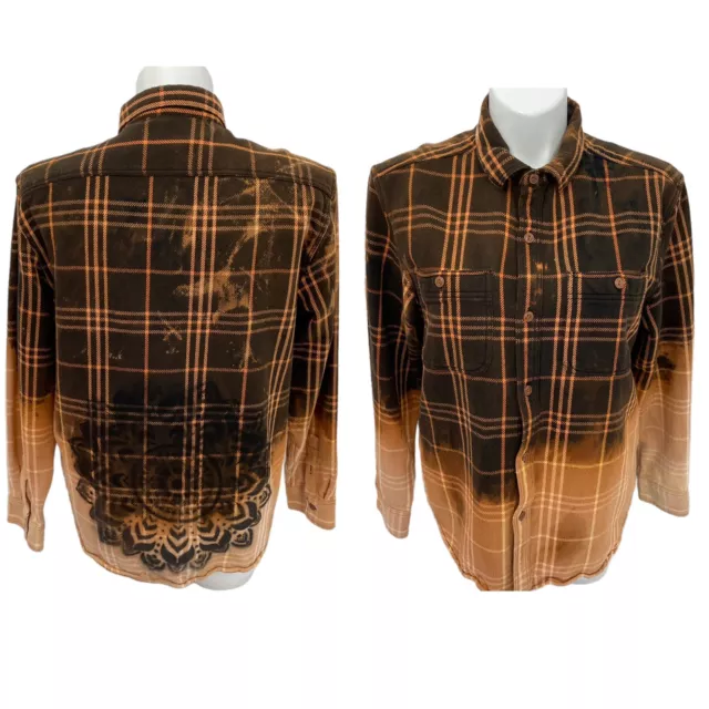 Old Navy Womens Plaid Button Up XL Upcycled Bleach Ombre Stencil Long Sleeve