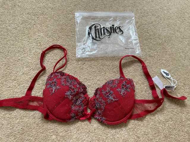 BNWT CHRISTIES EMBROIDERED Red Lace Bra Padded Size 1 Italy / 32A