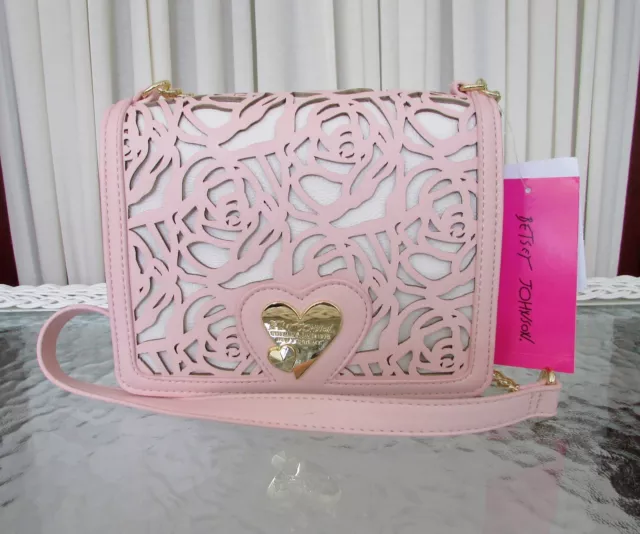 Betsey Johnson Floral Crossbody Bag Die-Cut Laser Cut Blush Pink Card Slips NWT 2