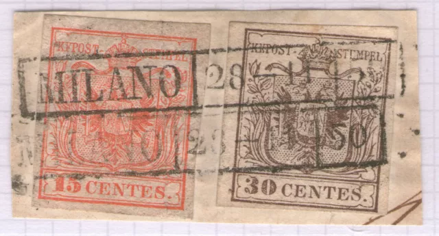>> Lombardo Veneto, frammento 15+30 centes. Sassone 3a+7b, prime tirature, R Mi