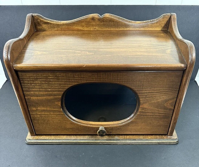 VINTAGE WOOD BREAD Box Solid Pine With Glass Hinged Door Oval Glass