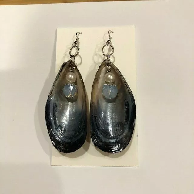 Genuine Mussel Shell Earrings with Blue Accent Bead and White Pearl. Handmade