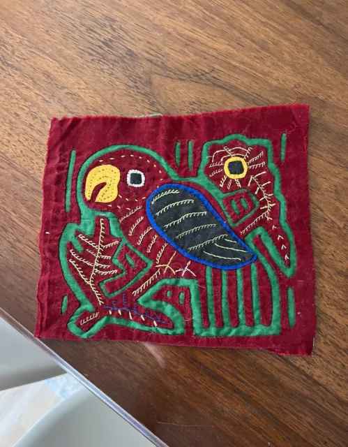 Vintage Panama  Mola Applique Parrot/bird Folk Art Handmade And Hand Sewn 7.5x7