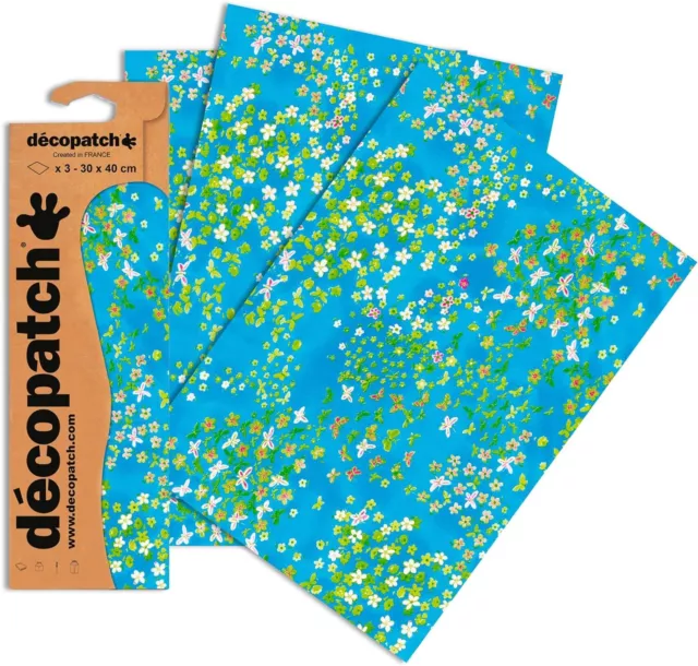 Decopatch Papier No. 499 3er Pack - blau Schmetterlinge bunt, 395 x 298 mm - NEU