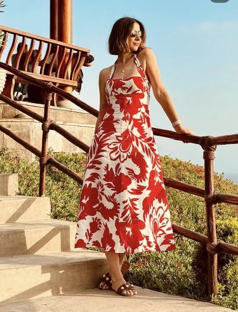 open lace back dress ZARA. Red floral dress with linen T.xs – Hibuy market main image 0