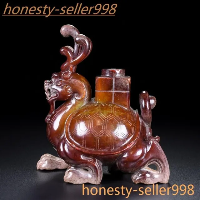 5.6" Chinese natural Hetian jade Hand carved Dragon Turtle Loong tortoise statue