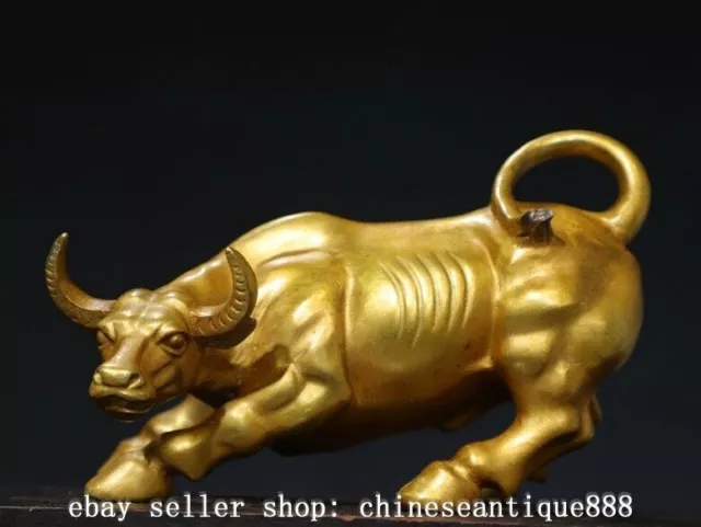 9.8'' Old Chinese Bronze Gilt Fengshui 12 Zodiac Cattle Ox Bull Animal Statue