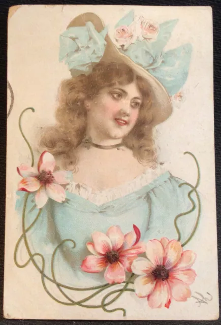 Art Nouveau Glamour Lady Signed Vintage Postcard 1903