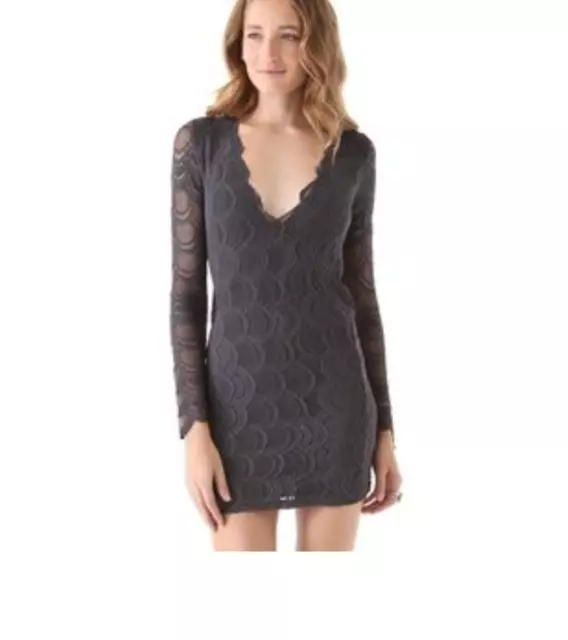 Nightcap Clothing victorian lace V-neck long sleeves gray dress mini size S