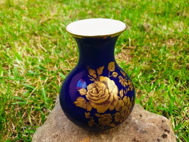 Vintage Royal Porzellan Bavaria KPM Germany Cobalt Gilded Vase Small Size Rose