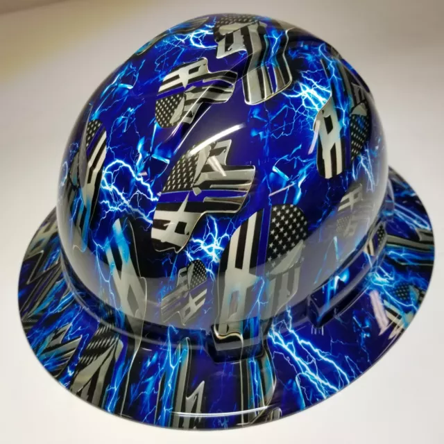 full brim hard hat custom hydro dipped IN BLUE LINE ICE SKULLS  BLUE LIGHTNING