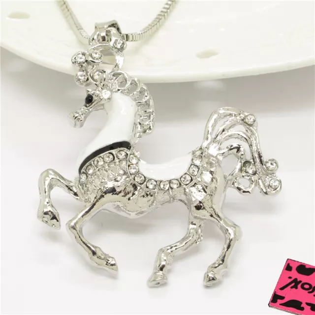 New Fashion White Enamel Cute Horse Crystal Rhinestone Jewelry Pendant Necklace