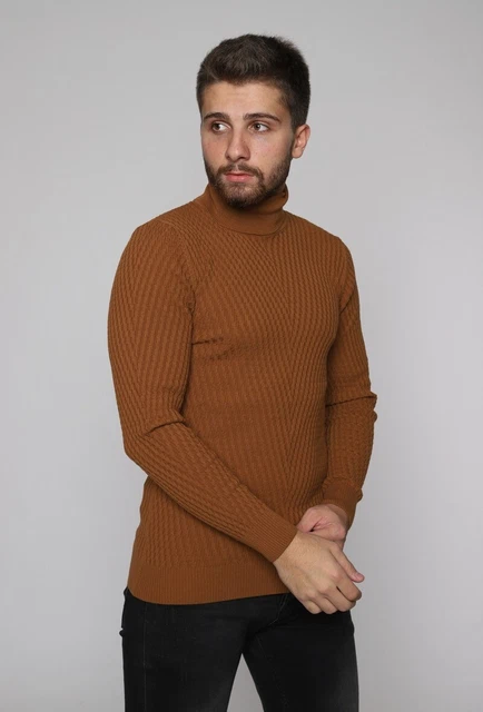 Maglione uomo slim fit maglioncino vintage collo alto dolcevita marrone da XL 3