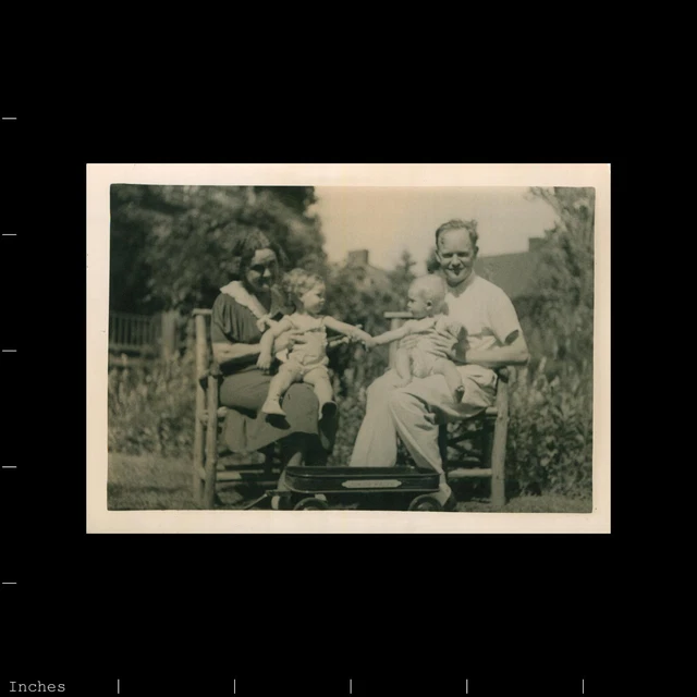 Old Vintage Photo MAN WOMAN BOY GIRL HOLDING HANDS TOY WAGON ADORABLE