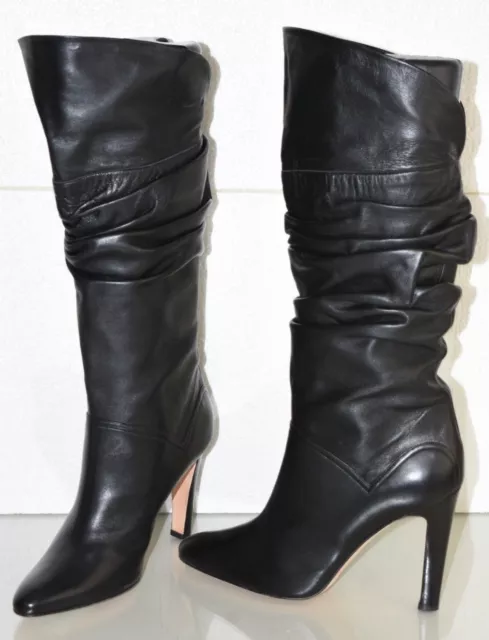 Neuf Manolo Blahnik Froncé Souple Bottes Cuir Noir Talons Chaussures 39.5