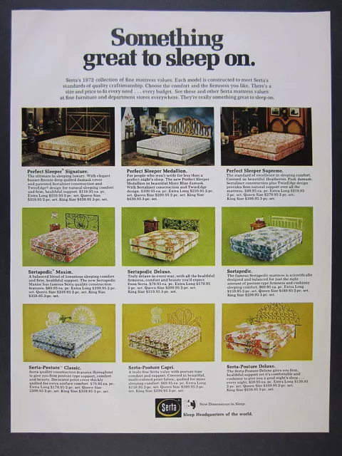 1972 Serta Mattresses 9 Mattress Models photos specs prices vintage print Ad