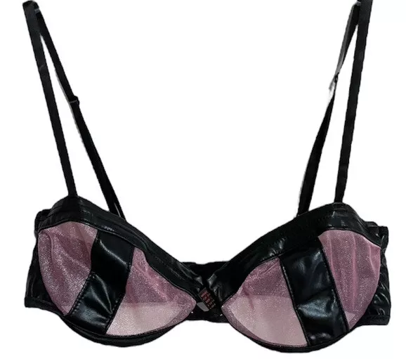 Coquette Sheer Mesh Faux Leather Bra Underwire Lingerie Black Pink Size Medium