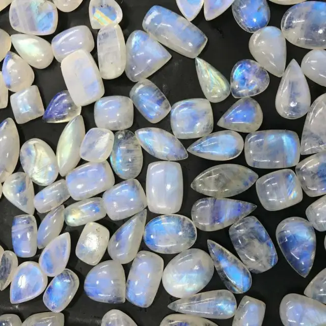 200 Ct.Natural Rainbow Moonstone Cabochon Blue Flashy Mix Gemstone Wholesale Lot