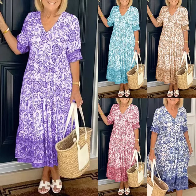 Boho Femmes V-Neck Floral Long Dress Ladies Summer Plus Size Beach Sundress *