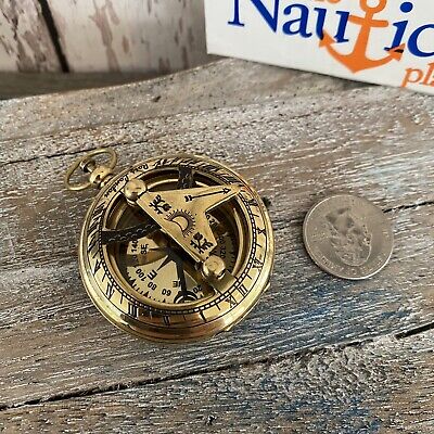 Brass Sundial Compass - Vintage Pocket Style - Nautical Keychain, Pendant - Gold 3