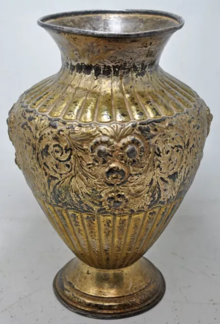 Antique Brass Large Flower Vase Pot Original Very Fine Floral Embossed Silve