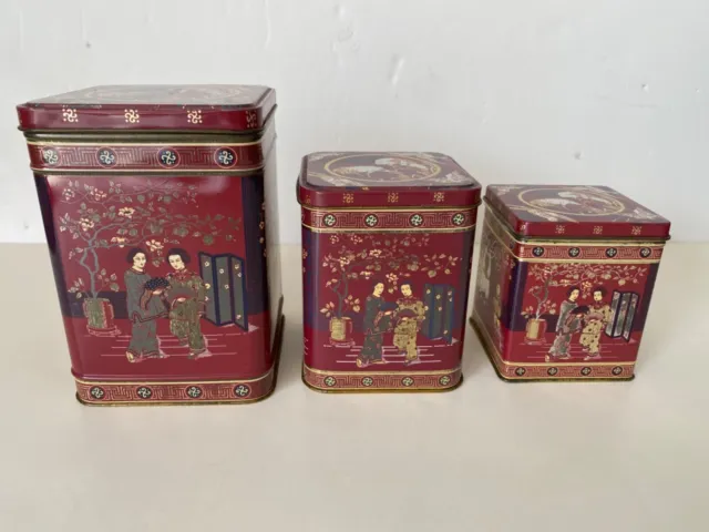 Set of 3 VTG Chinese/Asian Nesting Tea Containers, Tin, Dk Red/Purple, England