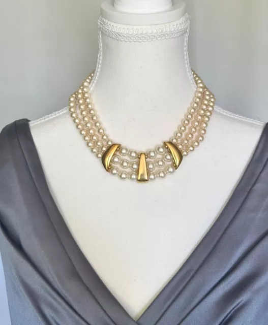 Stunning Vintage Signed Napier Faux Pearl & Gold Tone Triple-Strand Necklace