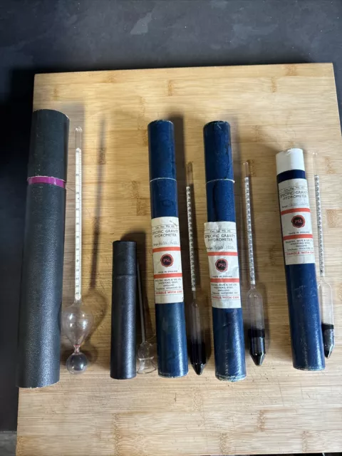 Vintage Specific Gravity Hydrometers collection of 4 + 1 Glass, mercury and lead