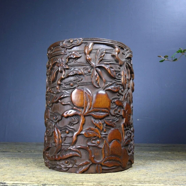 Chinese Antique Old Bamboo Carved Peach Brush Pot Collection Office Supplies Art
