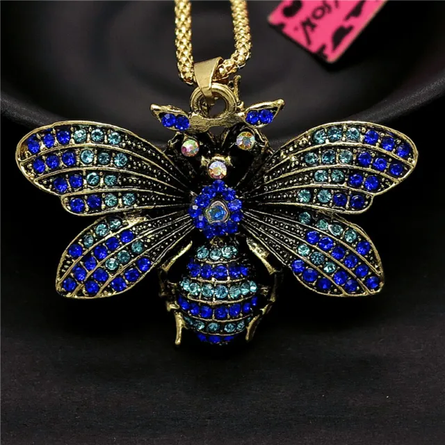 Betsey Johnson Rhinestone Blue Crystal Vintage Bee Pendant Chain Lady Necklace