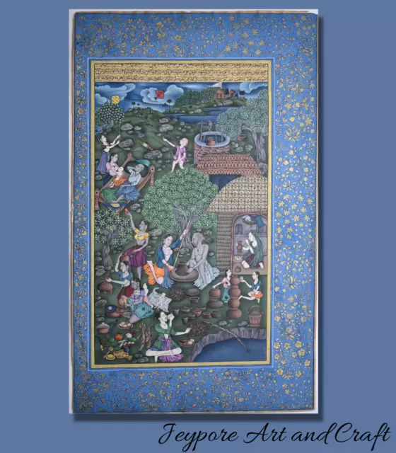 Indian Village Scene Painting Handmade Miniature Beautiful Artwork On Old Paper