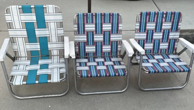 VTG Pair Aluminum Webbed Beach Chair Low Folding Lawn Chairs 2 Matching + One