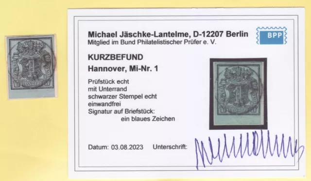 ## Altdeutschland Hannover MiNr 1 BOGENRAND Bfst. ,  BPP - BEFUND , LUXUS ##