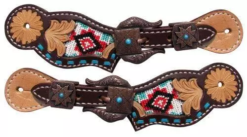Showman Youth Tooled Leather Spur Straps w/ Beaded Navajo Inlays