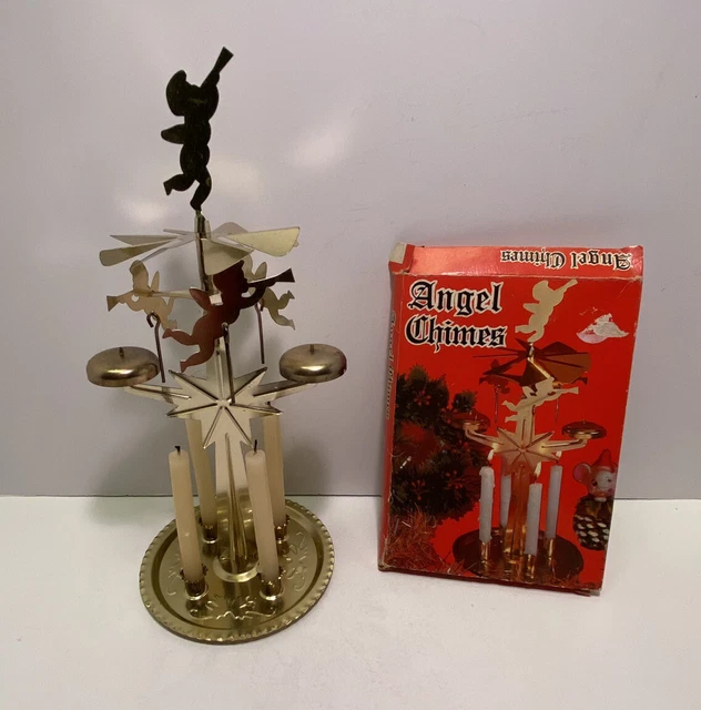 VINTAGE ANGEL CHIMES Candle Carousel Brass Tone Christmas Decor