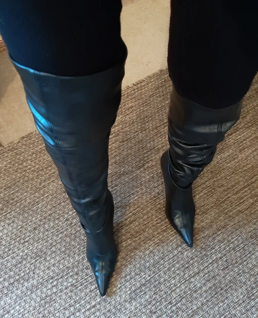 VINTAGE Y2K ZARA black leather over knee / push down slouch knee high boots EU36 £16.00