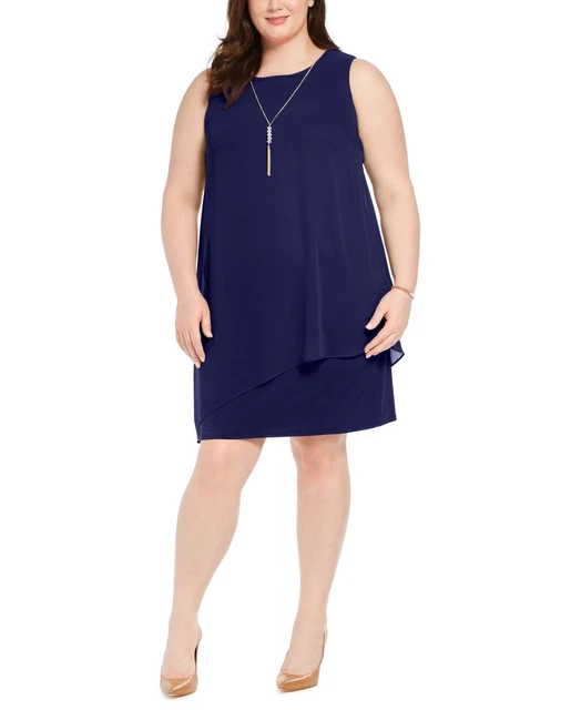 JM Collection Womens Plus Size Asymmetrical Overlay Necklace Dress,Blue,2X