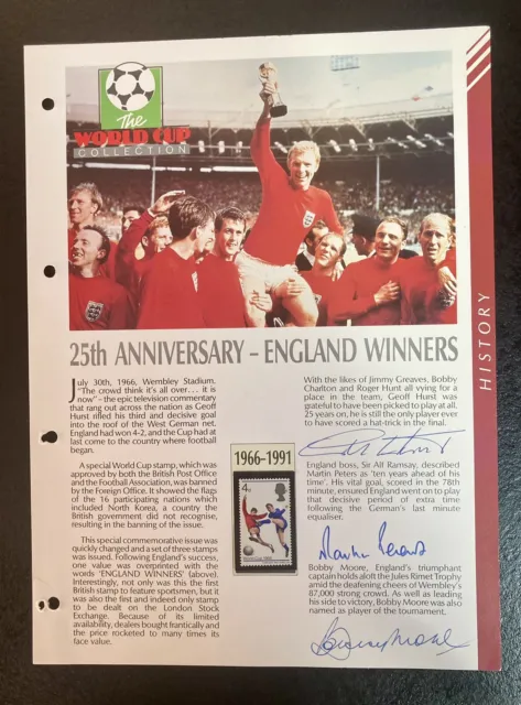 1966 England World Cup Winners Sheet Signed By Bobby Moore, Hust And Peters.