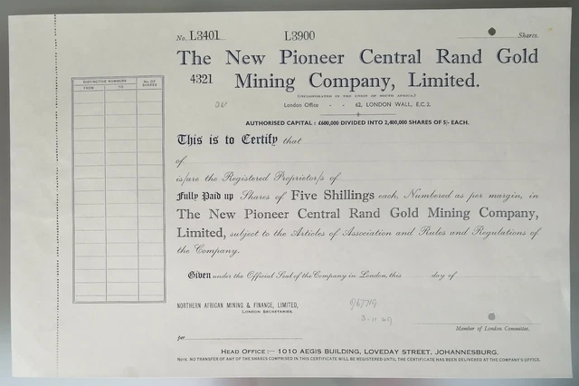 South AFRICA share 1949 New Pioneer Central Rand Gold Mining C specimen Bradbury