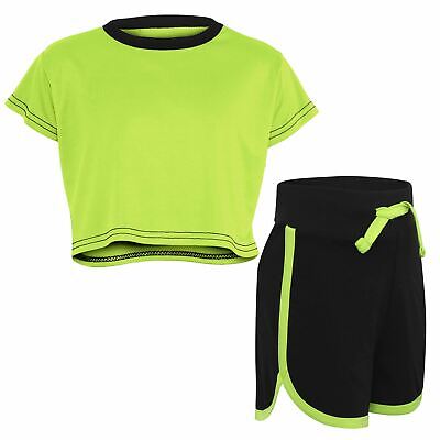 Kids Black Neon Green Crop Top And Shorts Set Active Wear Summer Girls Boys